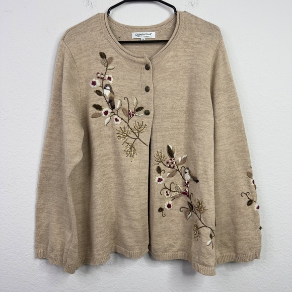 Coldwater Creek Cardigan Sweater Women 1X Embroidered Knit Birds Flowers Cottage - Picture 1 of 9